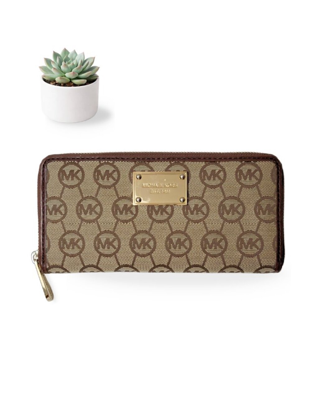 Michael Kors Jet Set Monogram Jacquard Zip Around Continental Wallet Beige Brown